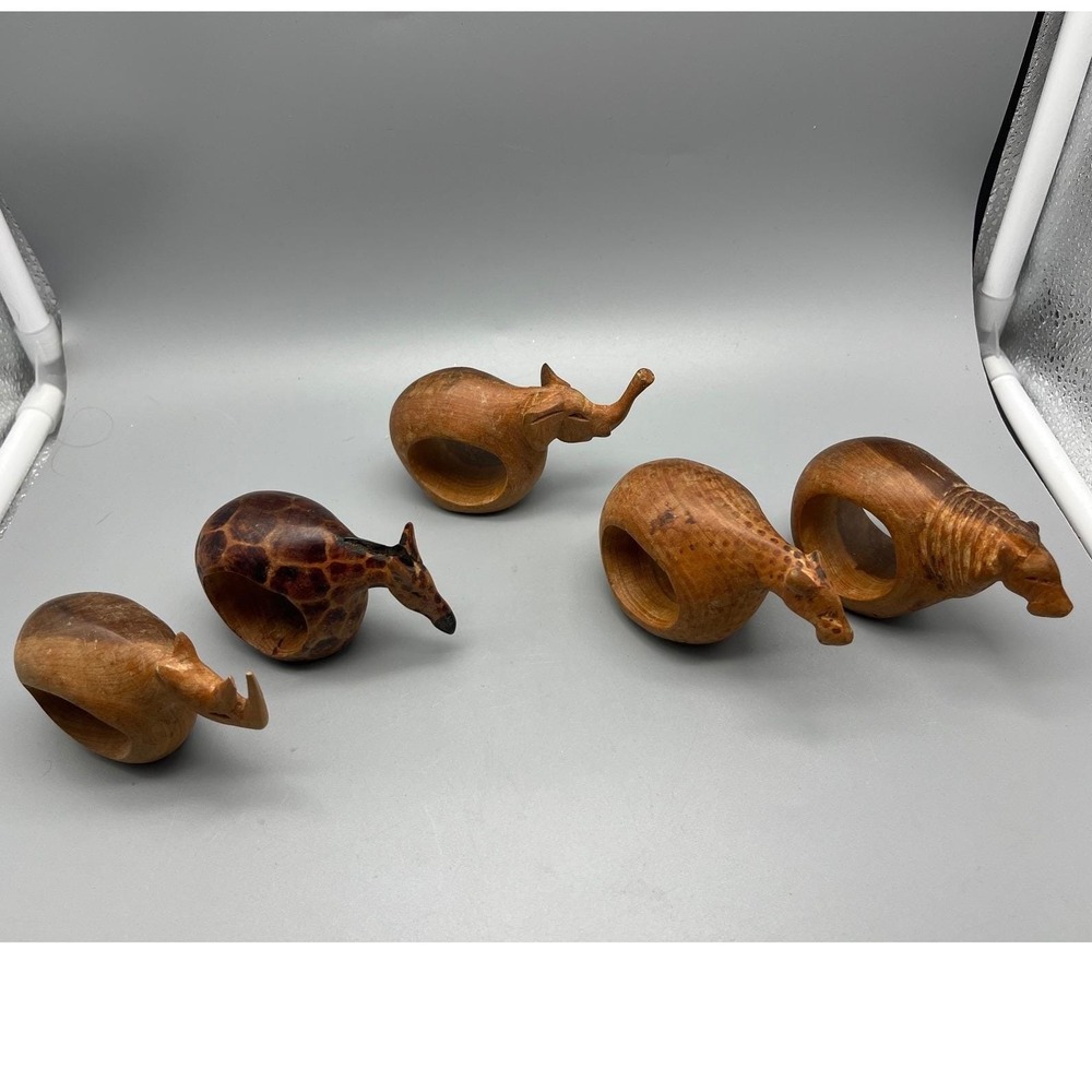 Lot 5 African Safari Animal Napkin Wooden Ring‎ Holder Handmade Fair Trade